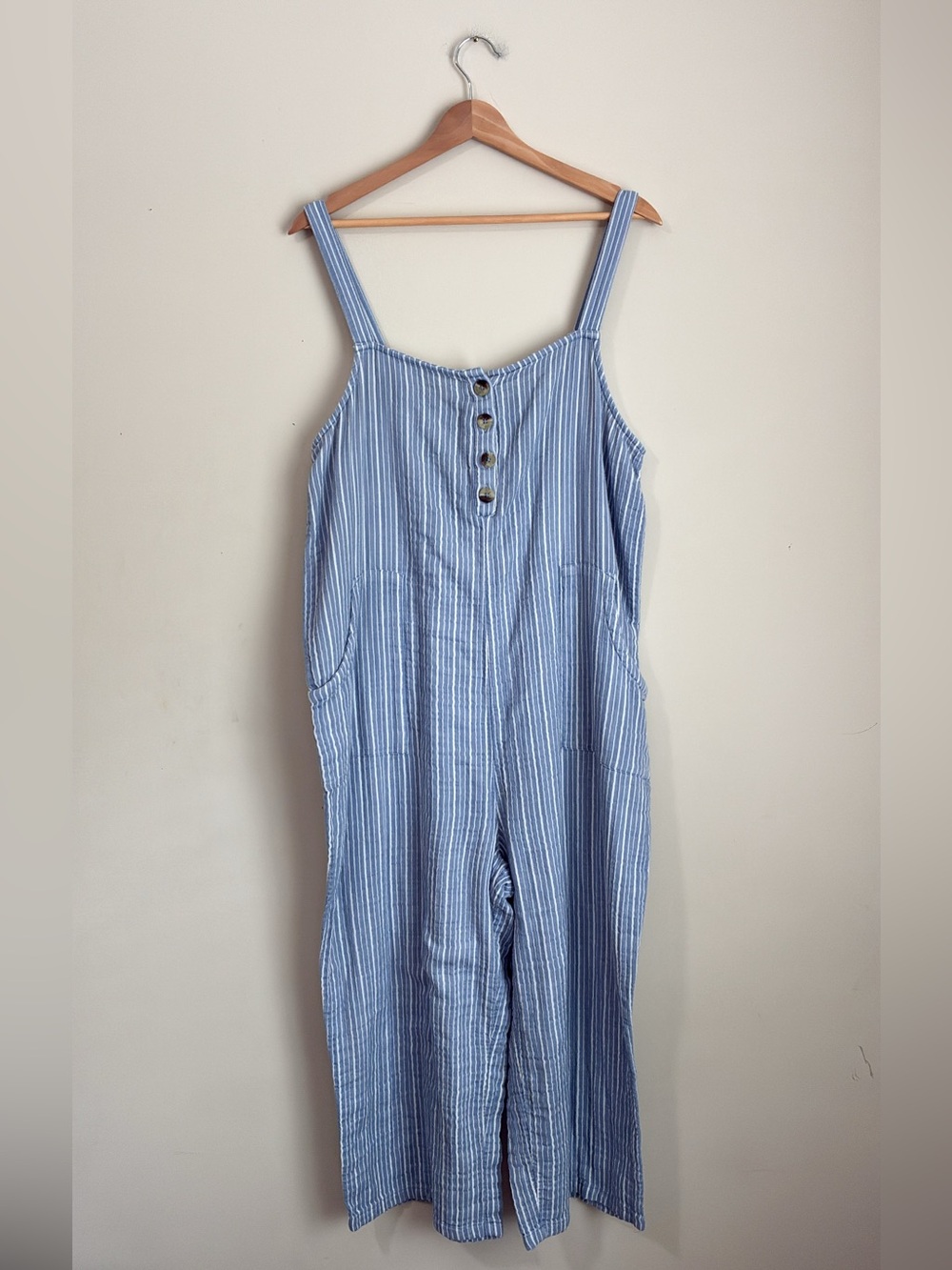 SO Blue Striped Cotton Gauzy Wide Leg Jumpsuit